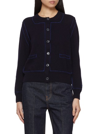 Contrast Topstitch Cashmere Knit Cardigan